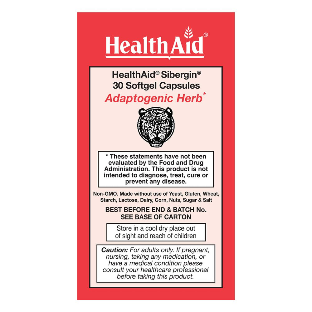 HealthAid Sibergin capsules close-up emphasizing easy daily energy and focus support.