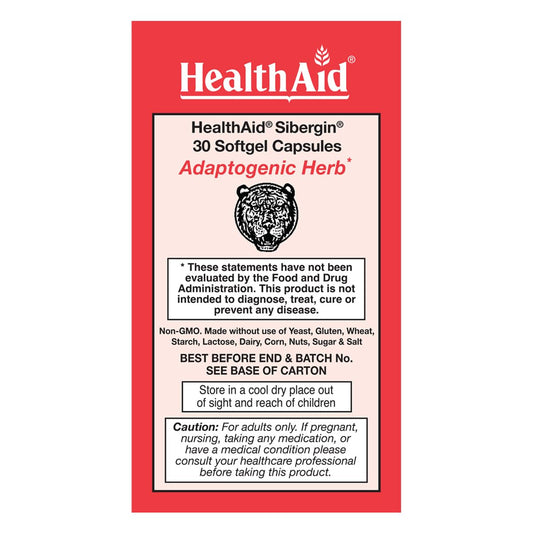 HealthAid Sibergin capsules close-up emphasizing easy daily energy and focus support.