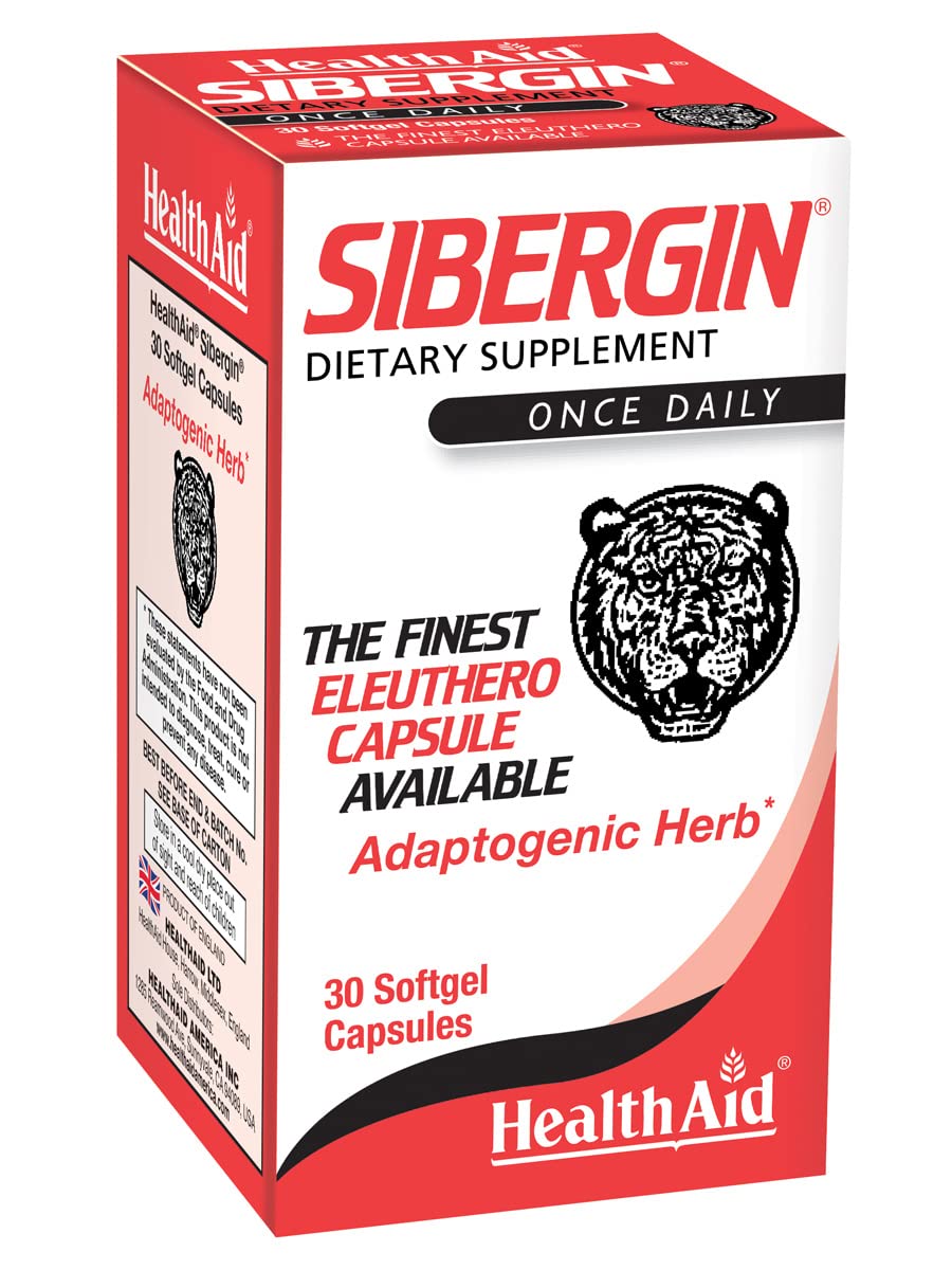 HealthAid Sibergin soft gel bottle highlighting daily adaptogen support for stress resilience.