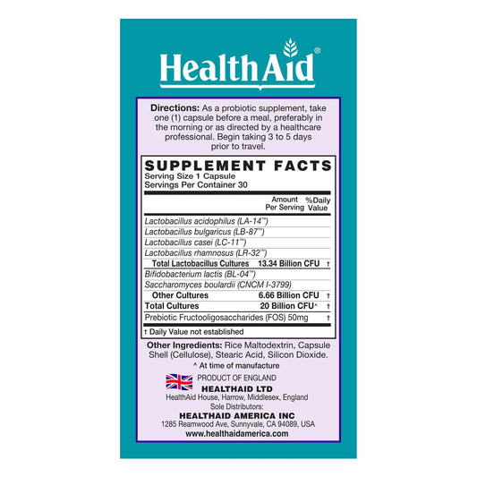 HealthAid TravelProbio acid and bile-resistant capsules maintain efficacy in harsh stomach conditions.