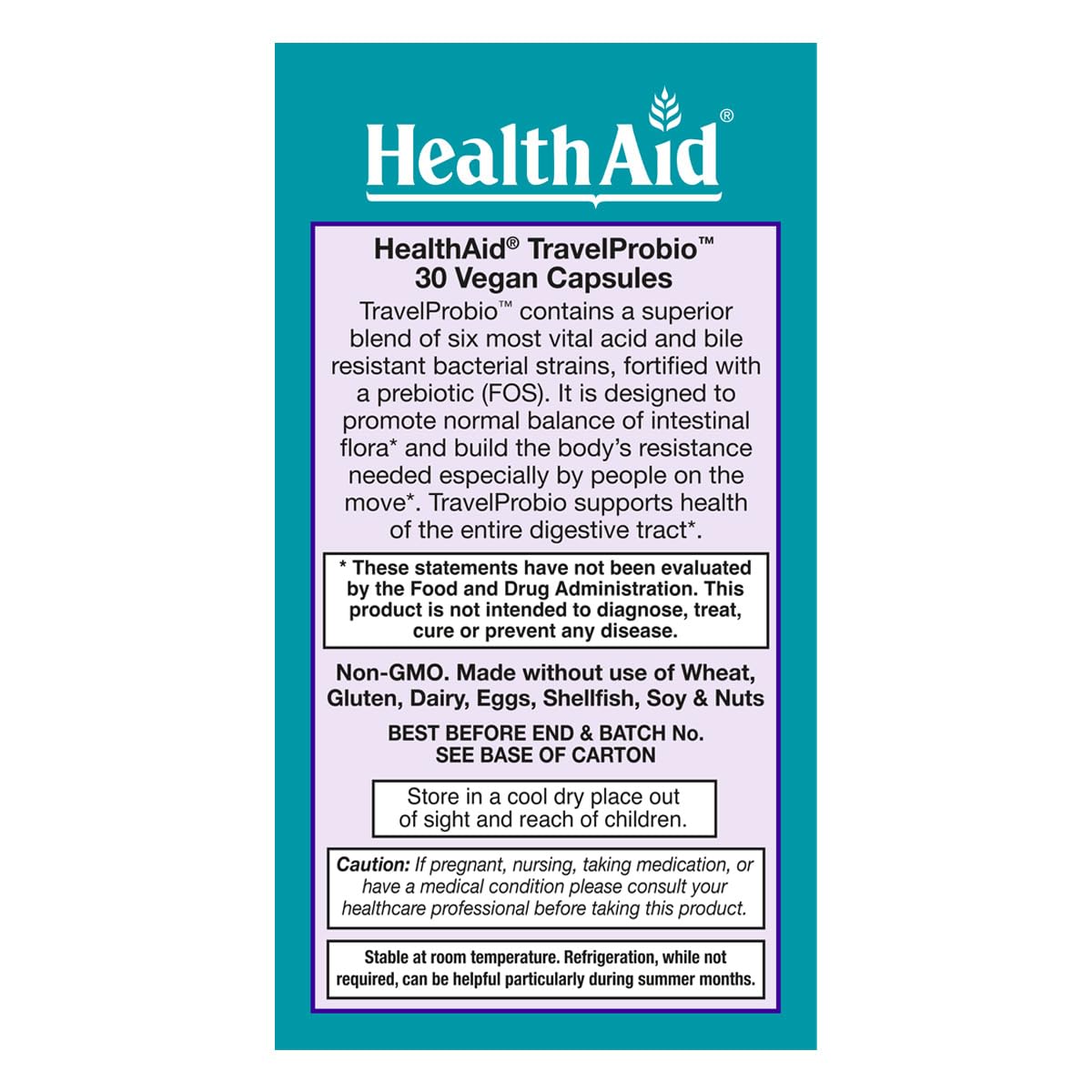 HealthAid TravelProbio room-temperature packaging keeps probiotics stable while away from home.