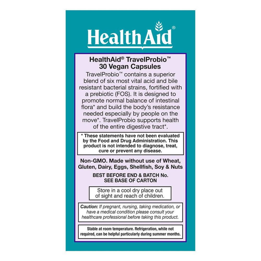 HealthAid TravelProbio room-temperature packaging keeps probiotics stable while away from home.