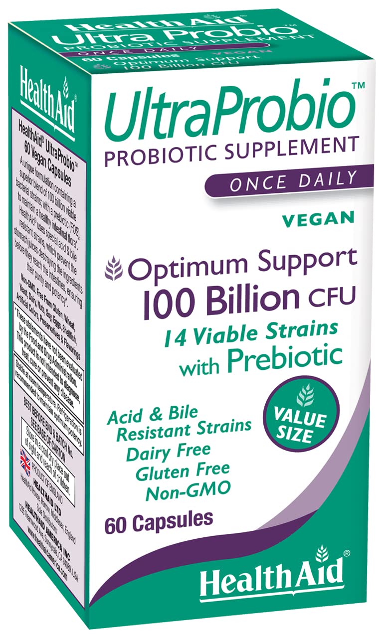 HealthAid UltraProbio bottle front displays branding and 100B CFU claim for daily use.