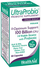 HealthAid UltraProbio bottle front displays branding and 100B CFU claim for daily use.