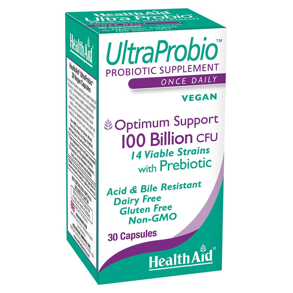 HealthAid UltraProbio bottle and label highlighting 100 billion CFU for daily gut support.