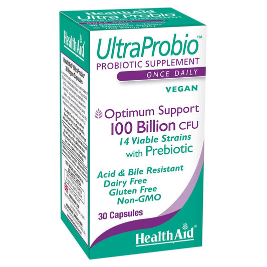 HealthAid UltraProbio bottle and label highlighting 100 billion CFU for daily gut support.