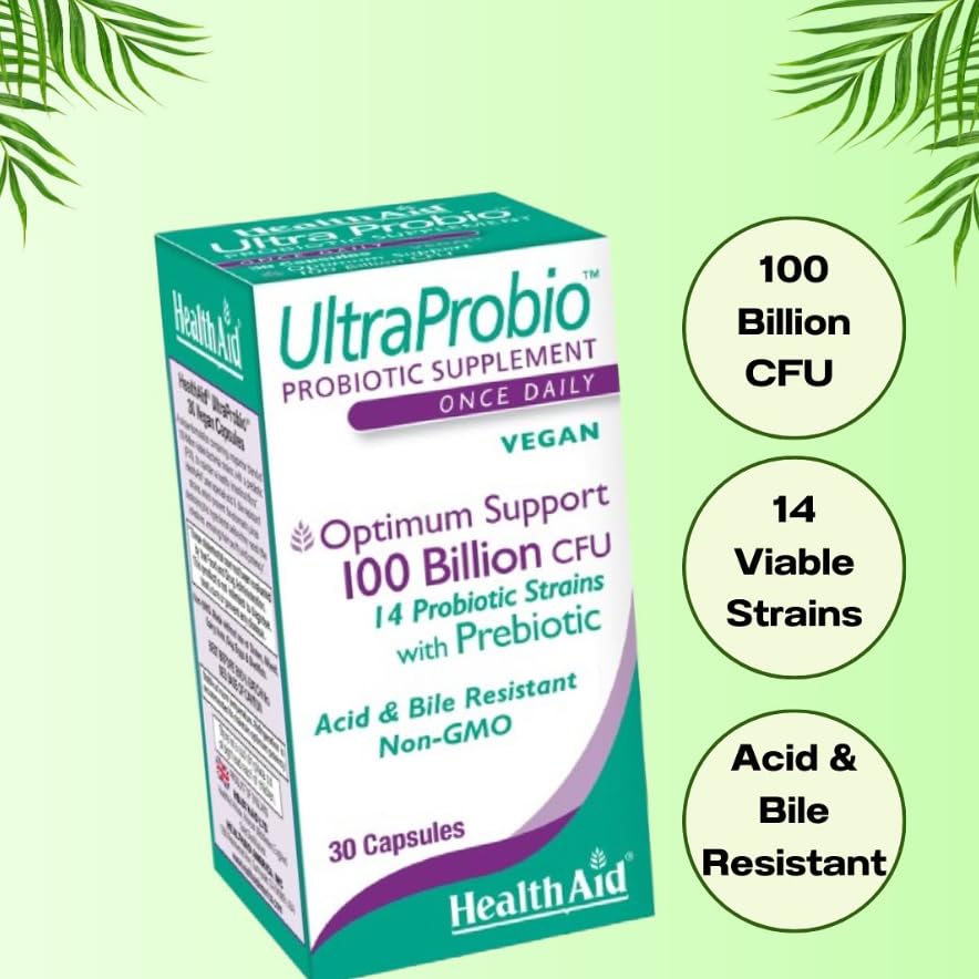 HealthAid UltraProbio bottle pour demonstrating easy daily capsule intake.