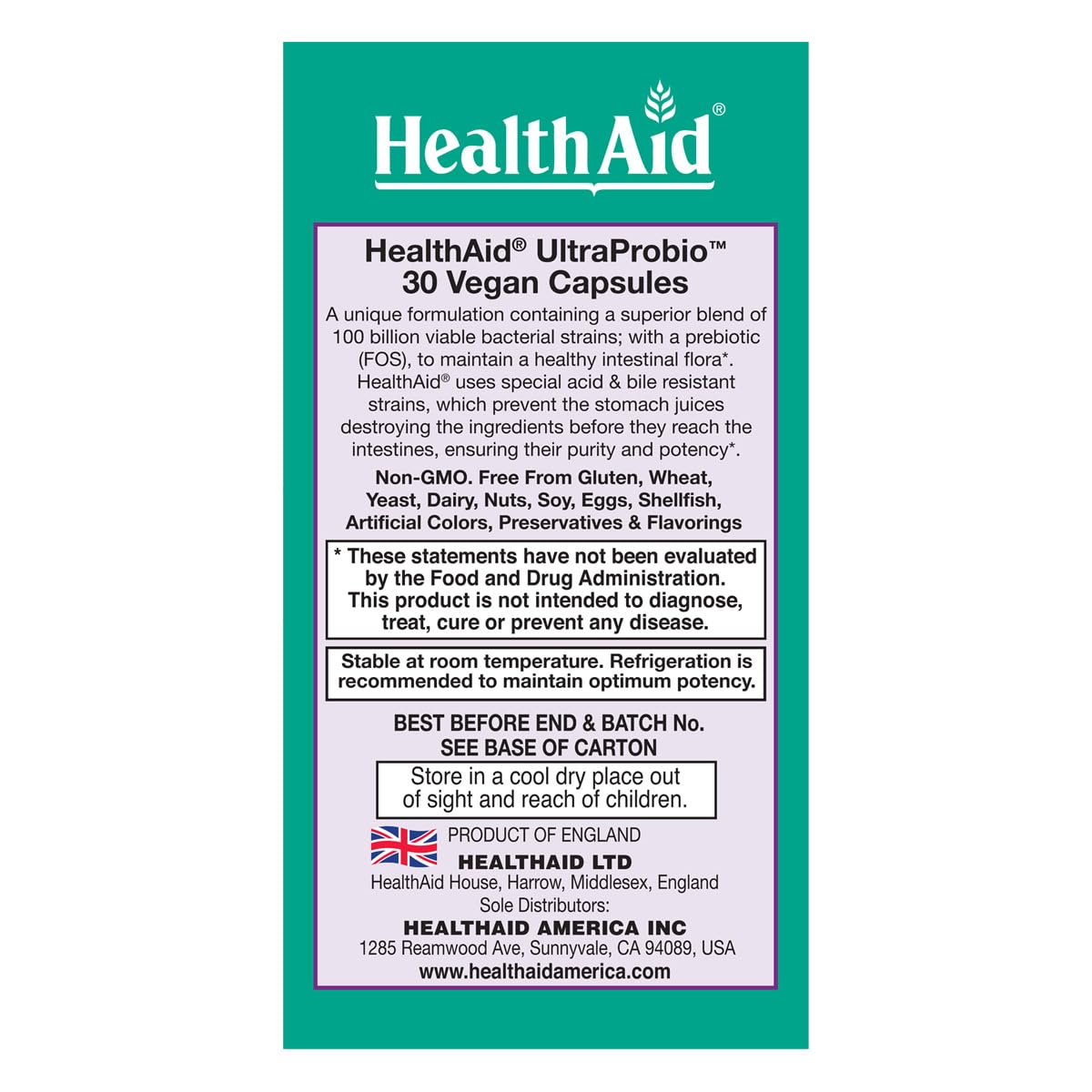 HealthAid UltraProbio box packaging emphasizing non-GMO and England origin.