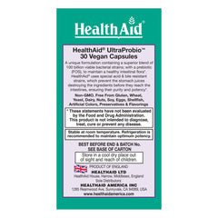 HealthAid UltraProbio box packaging emphasizing non-GMO and England origin.