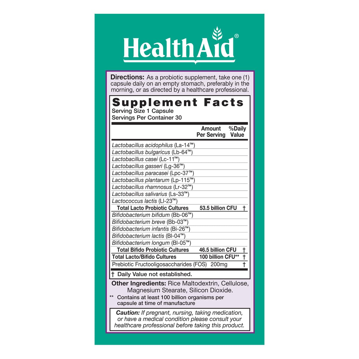HealthAid UltraProbio capsules close-up showing acid and bile resistant formulation.