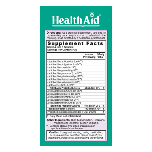 HealthAid UltraProbio capsules close-up showing acid and bile resistant formulation.