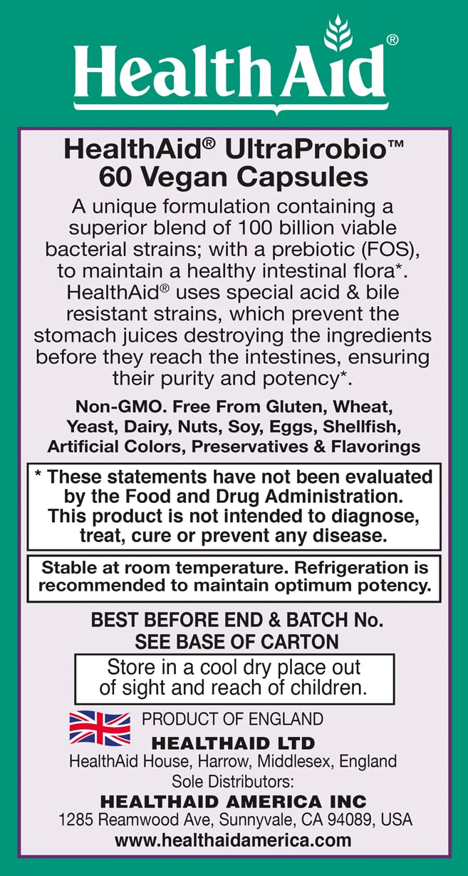 HealthAid UltraProbio nutrition label with 14 strains and prebiotic FOS visible.