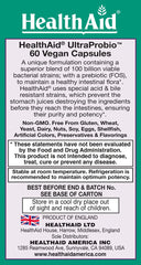 HealthAid UltraProbio nutrition label with 14 strains and prebiotic FOS visible.