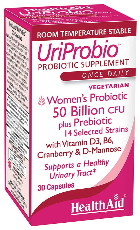 HealthAid UriProbio bottle label with 50B CFU probiotic blend for daily balance.