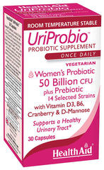 HealthAid UriProbio bottle label with 50B CFU probiotic blend for daily balance.