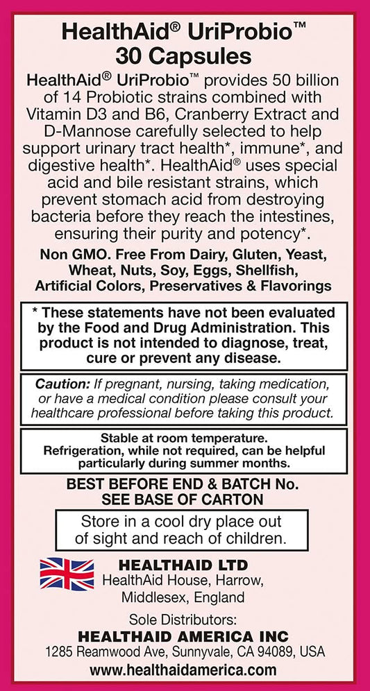HealthAid UriProbio capsules ready for everyday use to support urinary and digestive health.