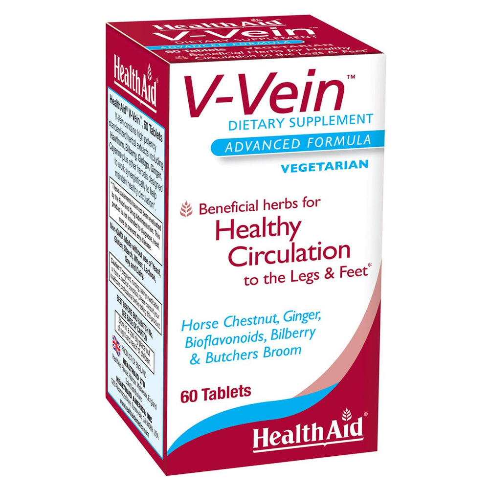 HealthAid V-Vein bottle front shows trusted circulatory support for leg comfort.