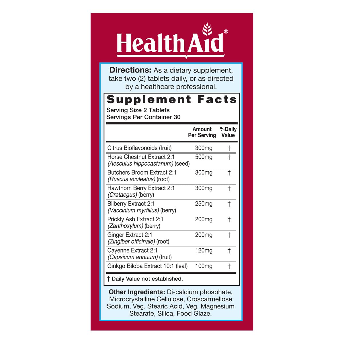 HealthAid V-Vein capsules closeup highlights herbal blend aiding vein health.