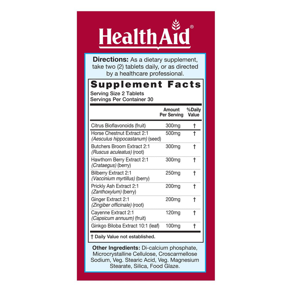 HealthAid V-Vein capsules closeup highlights herbal blend aiding vein health.
