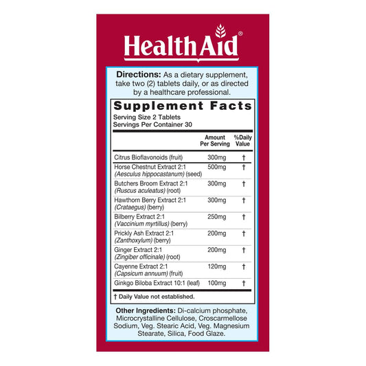 HealthAid V-Vein capsules closeup highlights herbal blend aiding vein health.