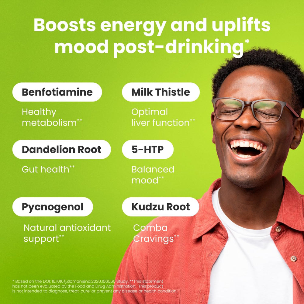 Healthbiotics NoMoreDrinks bottle back reveals ingredients and usage details.