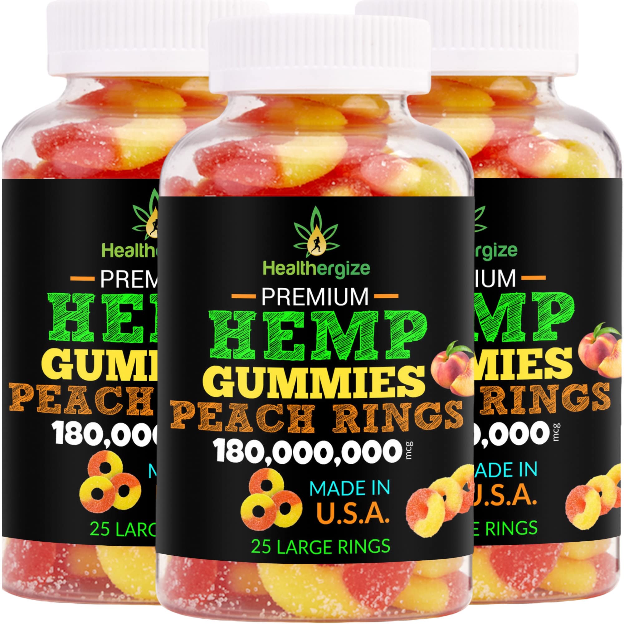 Healthergize 3-pack hemp gummies peach rings for daily calm and mood support.