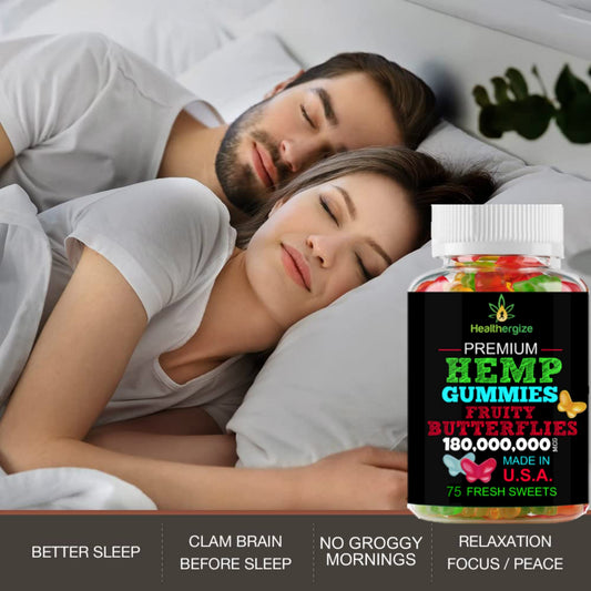 Healthergize bottle closeup hemp gummies emphasizing premium USA-made quality