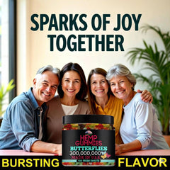 Healthergize butterfly-shaped gummies texture close-up, a playful snack for mood balance.