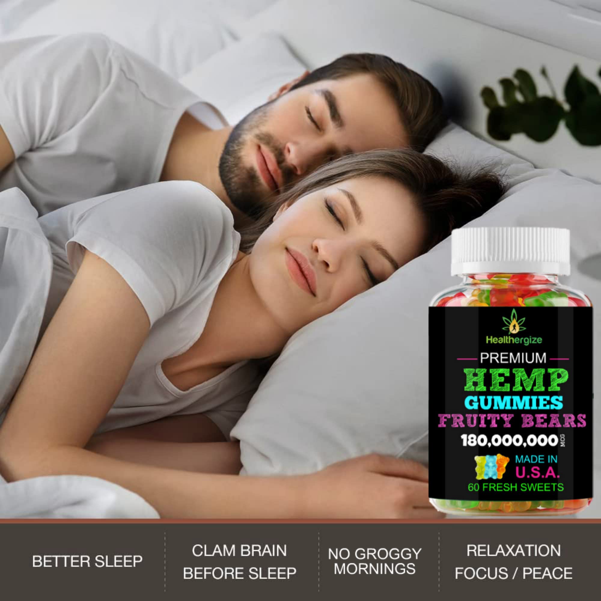 Healthergize hemp gummies bottle closeup highlights premium ingredients for restful evenings.