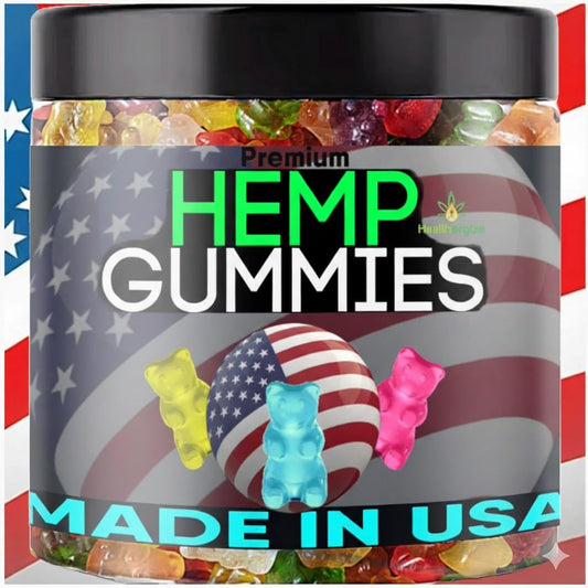 Healthergize hemp gummies bottle showing bright flavors and easy-to-chew texture.