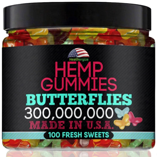 Healthergize hemp gummies butterfly bears close-up, a relaxing, tasty treat.