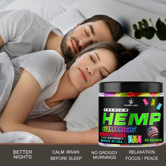 Healthergize Hemp Gummies closeup highlights tasty, convenient wellness on the go.
