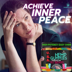 Healthergize hemp gummies made in USA label emphasizing trusted quality