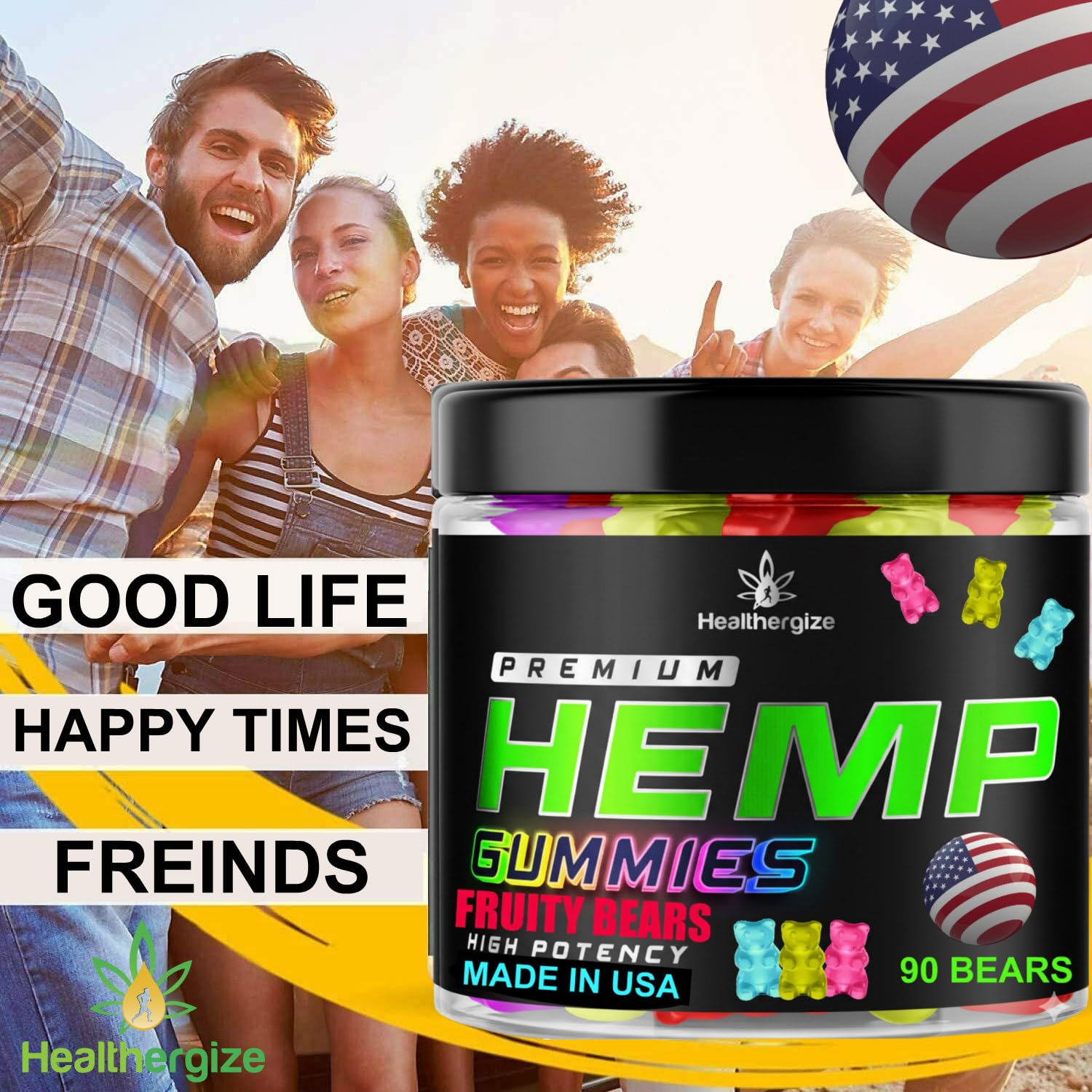Healthergize Hemp Gummies pack shot emphasizes premium USA-made quality and sustained calm.