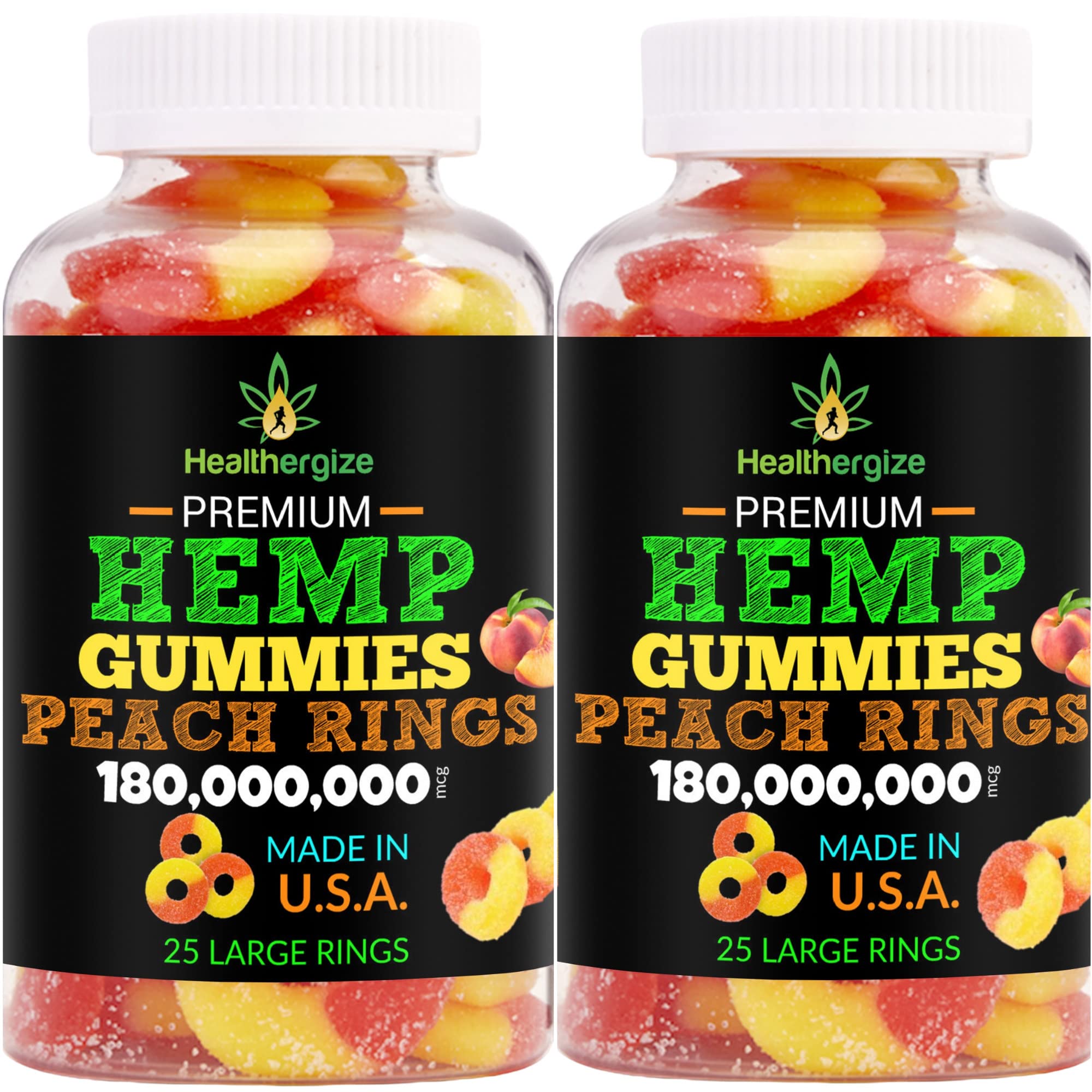 Healthergize hemp gummies peach bottle 2-pack for easy rest and calm.