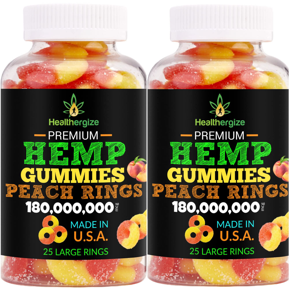 Healthergize hemp gummies peach bottle 2-pack for easy rest and calm.