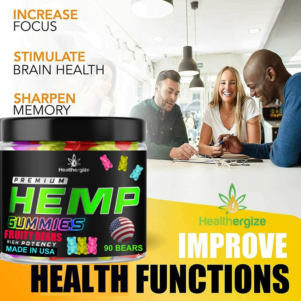Healthergize Hemp Gummies pour shot suggests easy daily intake for mood and calm.