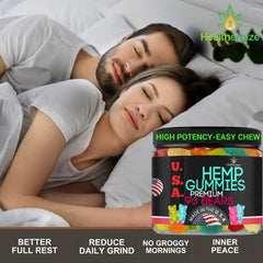 Healthergize hemp gummies sleep bears close-up highlighting chewy texture and berry taste