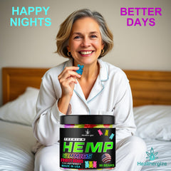 Healthergize Hemp Gummies sleep scene implies better rest and daytime clarity.