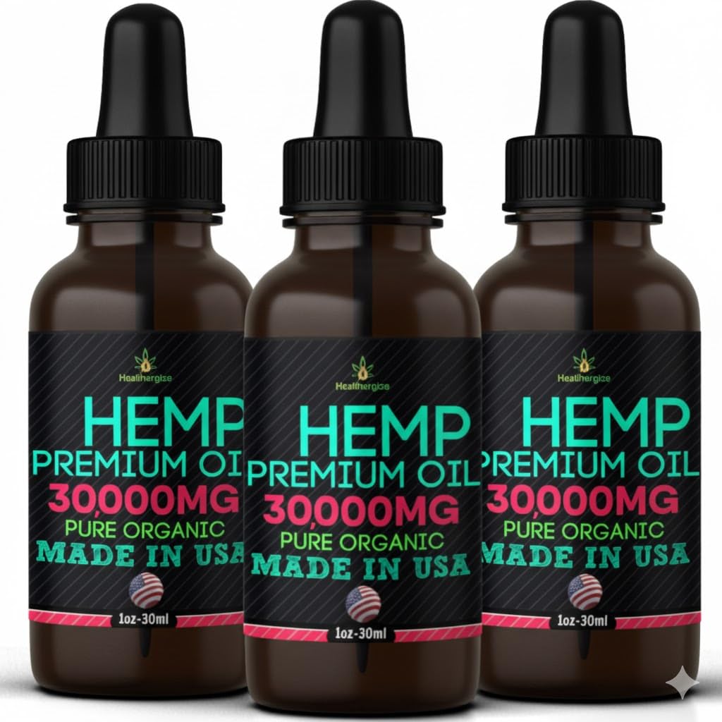 Healthergize Hemp Oil bottle with nutty aroma for daily use.