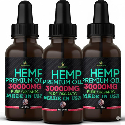 Healthergize Hemp Oil bottle with nutty aroma for daily use.