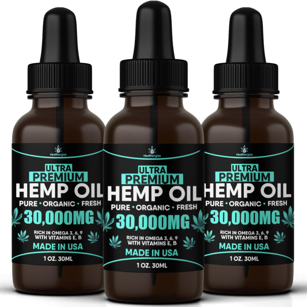 Healthergize hemp oil bottle pour for daily use and mood balance.