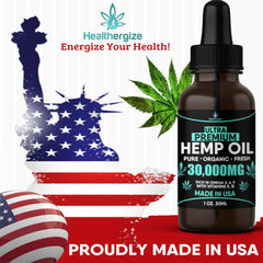 Close-up of Healthergize label highlighting USA-made quality and natural nutrients.