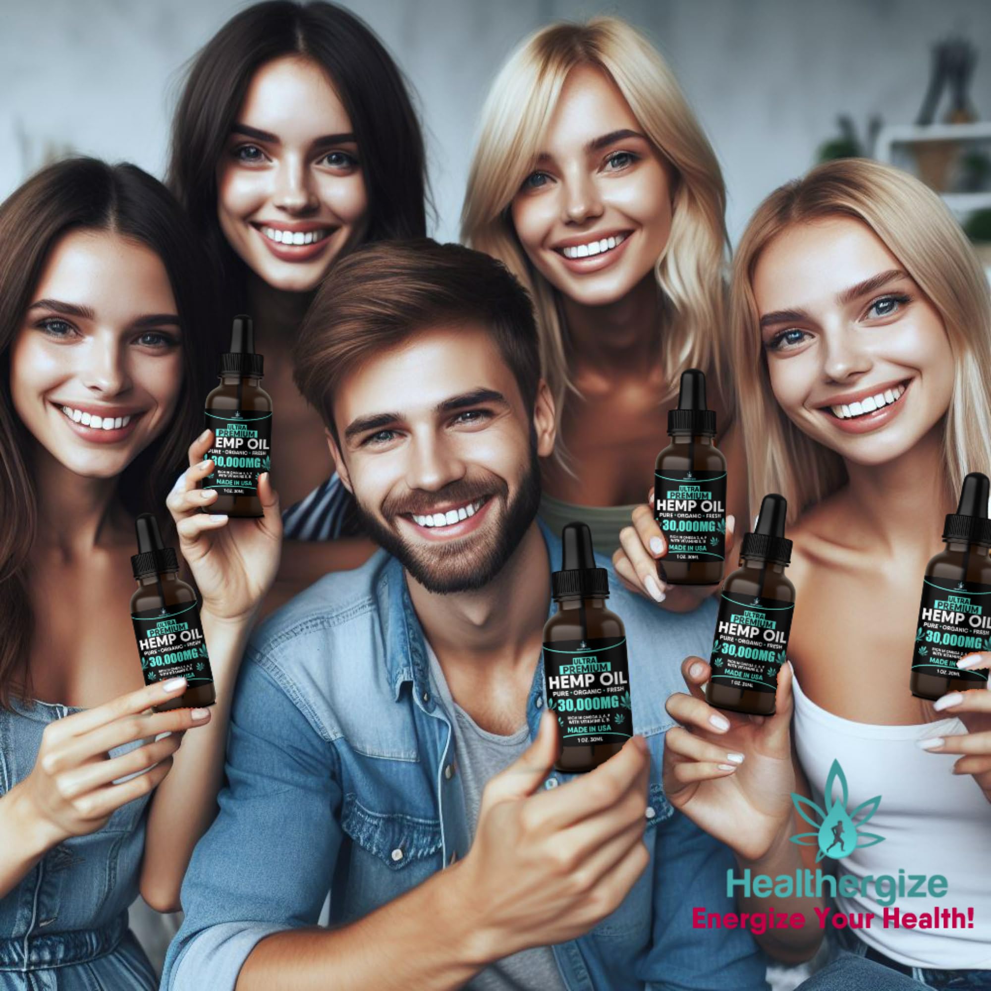 Healthergize hemp oil side view bottle highlighting compact packaging