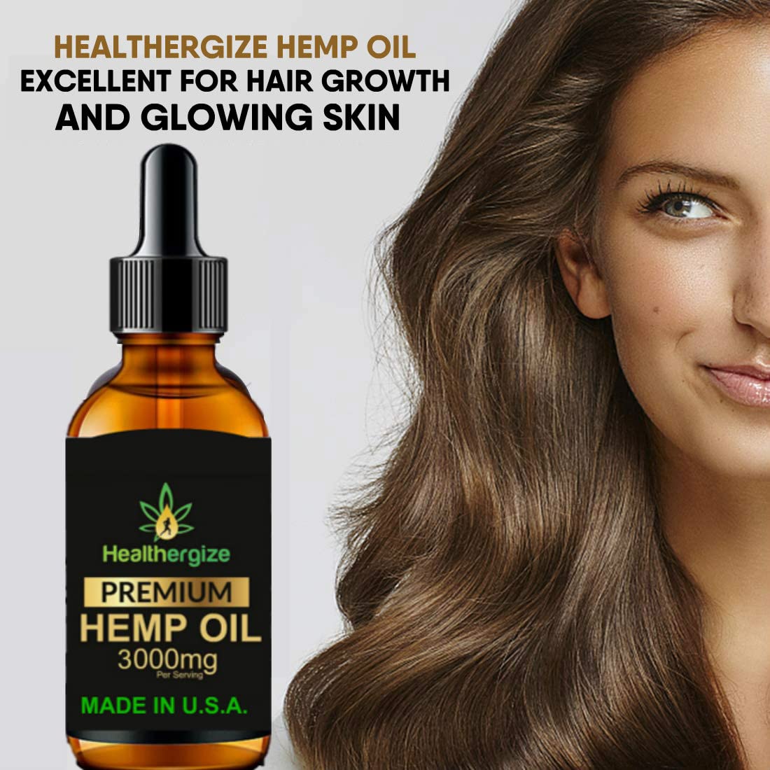 Healthergize Hemp Oil Premium clear glass bottle on countertop.