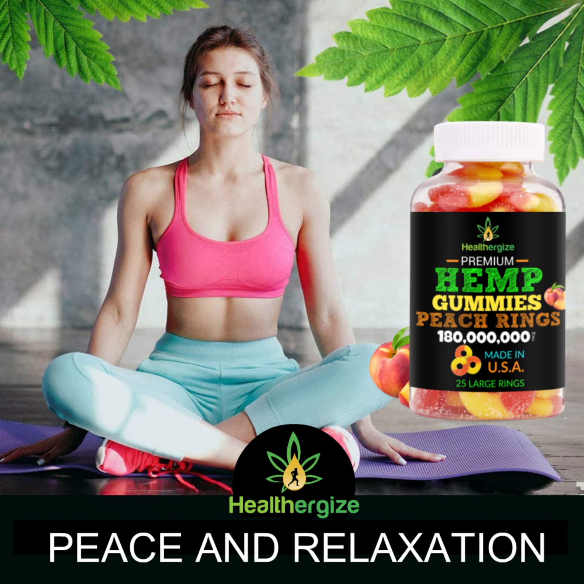 Healthergize made in USA seal on hemp gummies bottle for trusted quality.