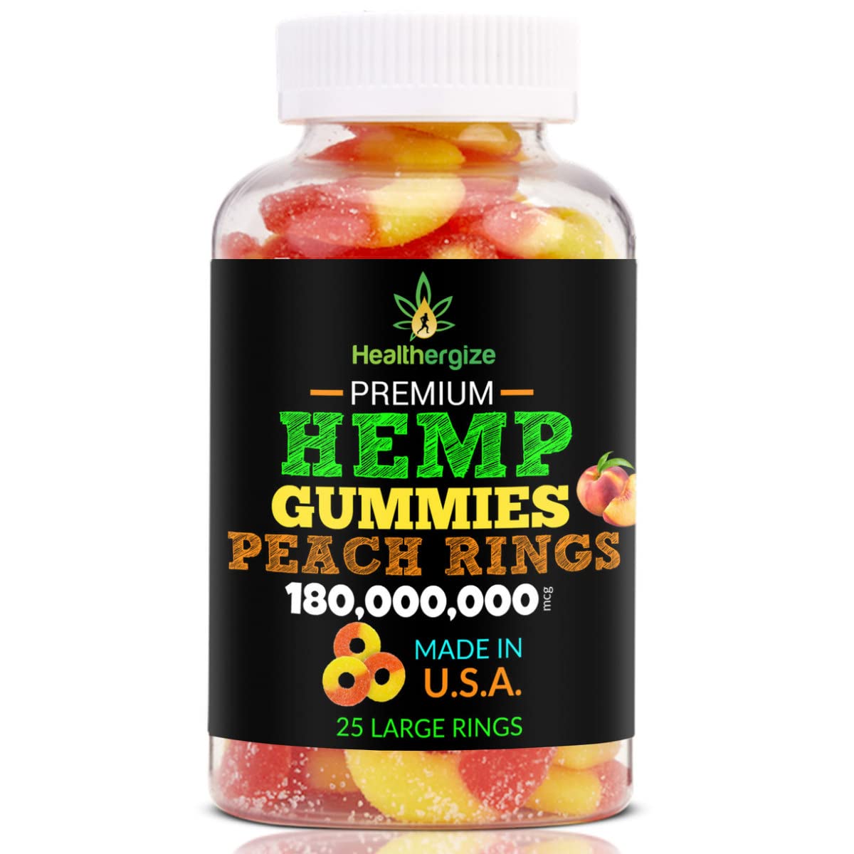 Healthergize peach-flavor gummies close-up, easy daily use with pleasant flavor.