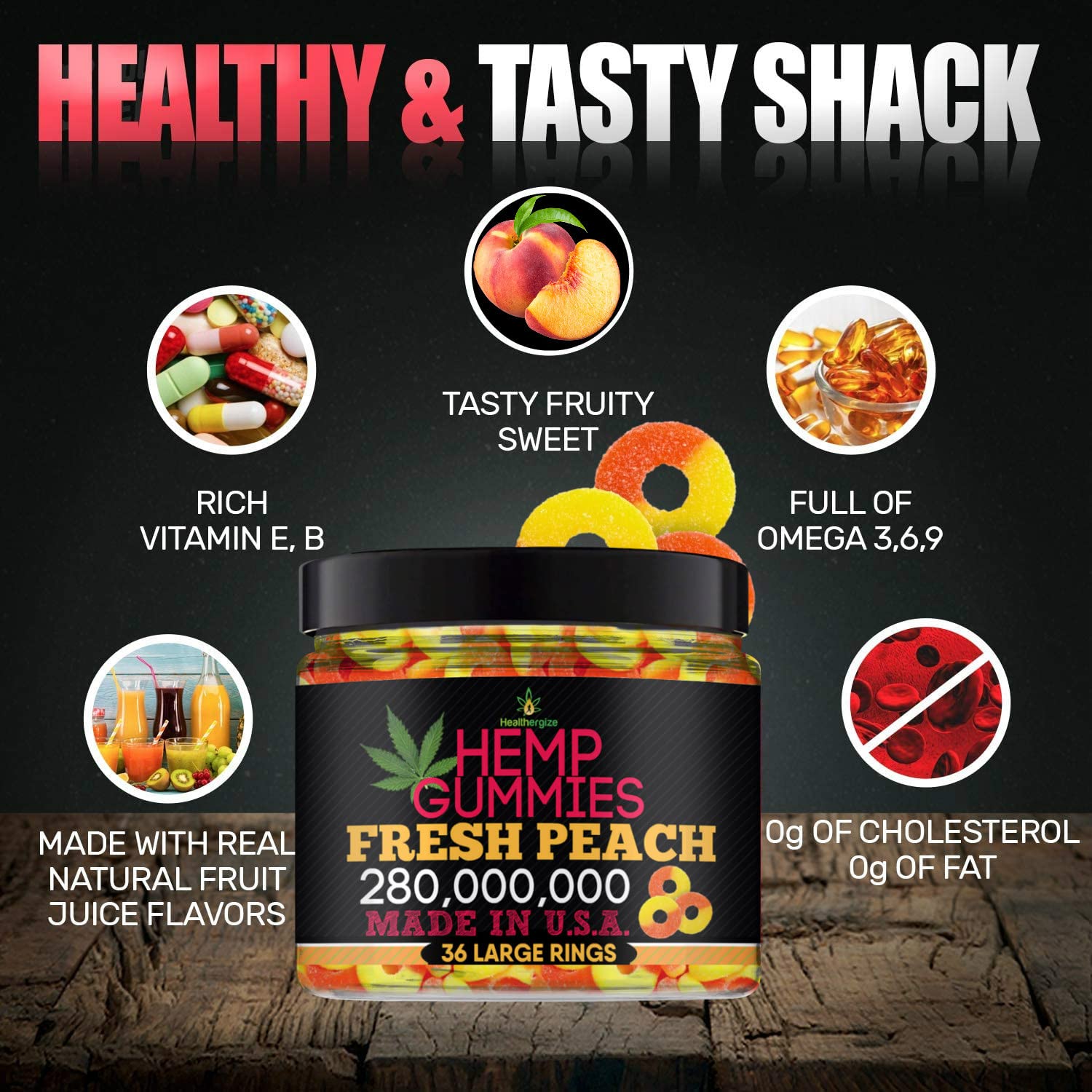 Healthergize peach gummies jar closeup with soft texture and peach flavor for easy enjoyment.