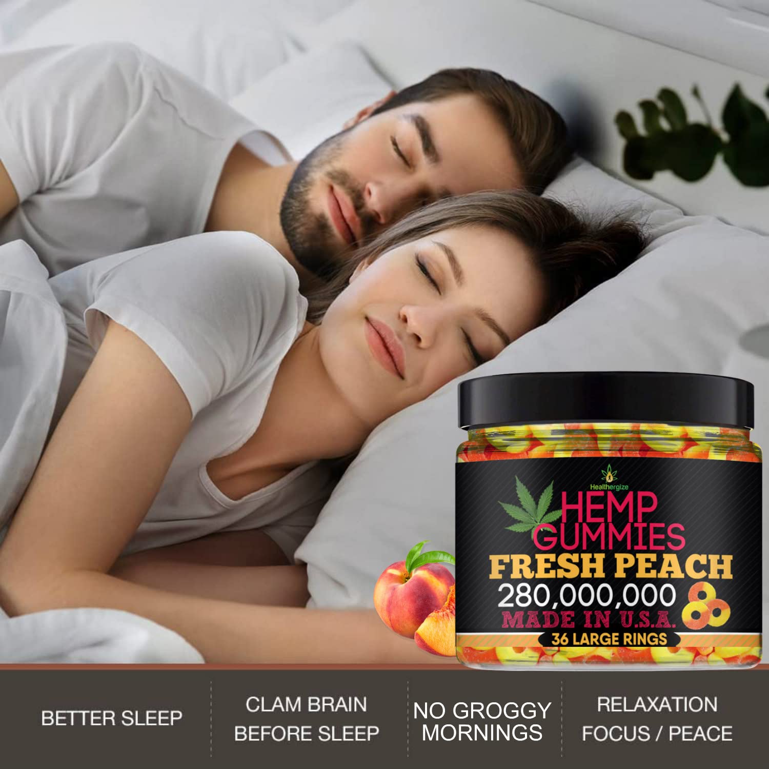 Healthergize peach gummies pour action suggests quick, convenient consumption.