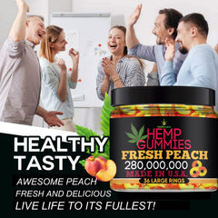 Healthergize peach gummies soft texture closeup showcases chewy bite and fresh flavor.